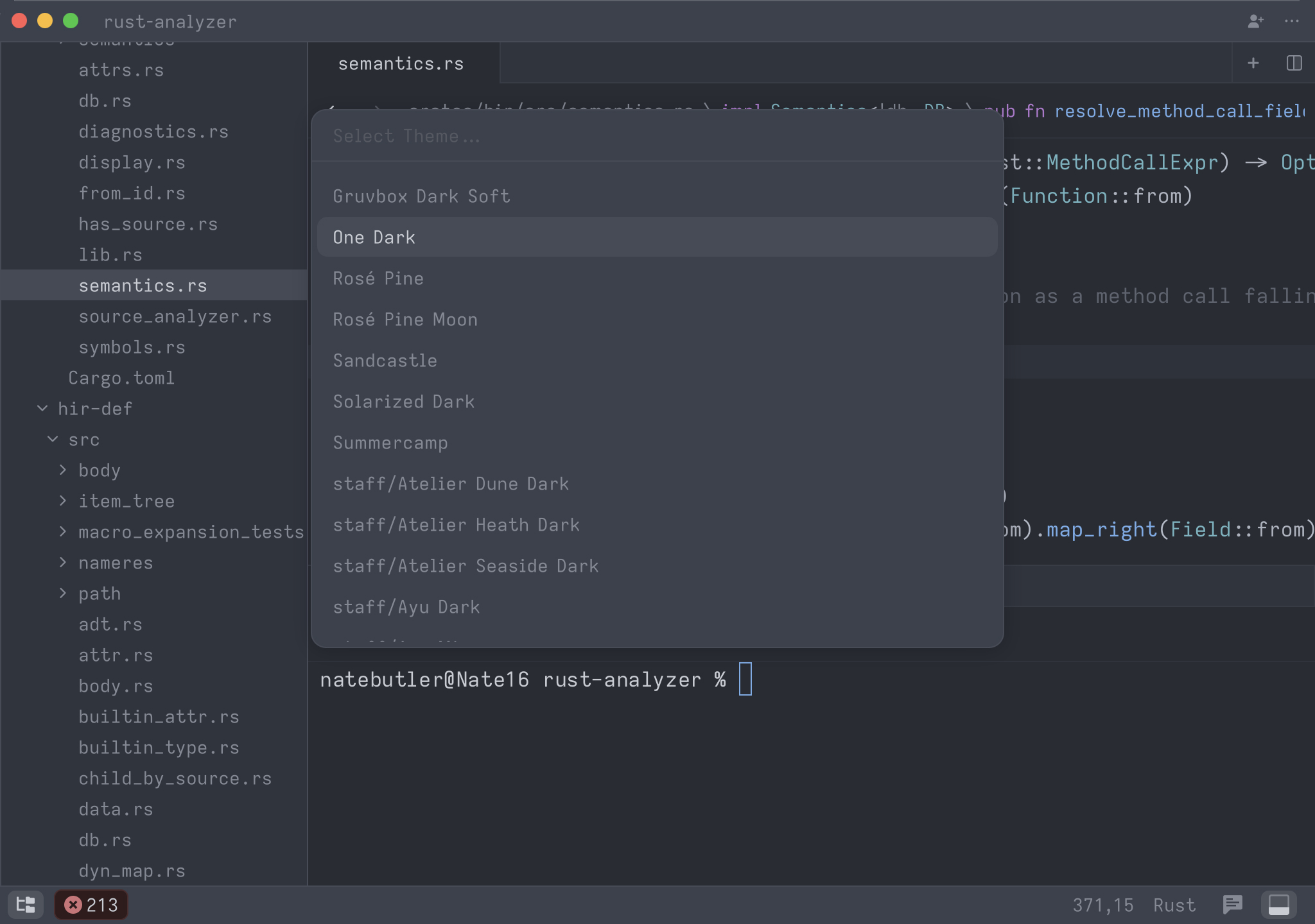 The theme picker palette. Using the change theme shortcut, (cmd-k, cmd-t) summons a palette allowing you to choose a theme from a list.