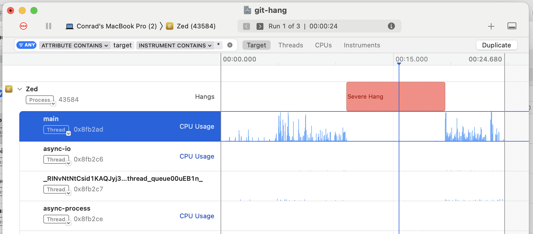 macOS Instruments showing a Severe Hang, and no CPU usage.