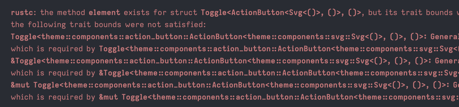 A very long compile message from rustc, saying that we didn't implement Component